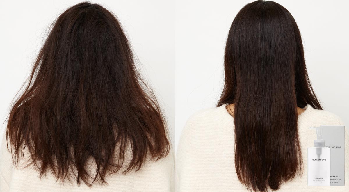 左：ダメージ補修する前の髪　右：プリュムヘアオイルをつけてコーミングした髪